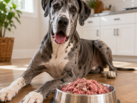 A merle great dane laying down in a kitchen with a stainless steel bowl filled with raw food
