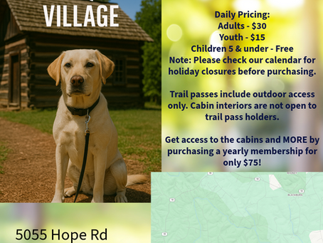 yellow lab on a leash sitting in front of a log cabin