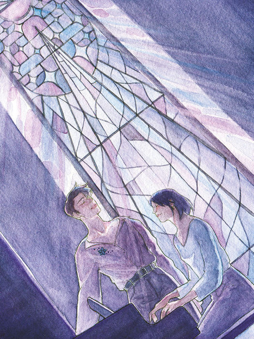 Illustration traditionnelle à l'aquarelle sur le thème "Huevember and pretty boys. 
Ici les sujets sont : moi, les vitraux et une chanson, en violet.
