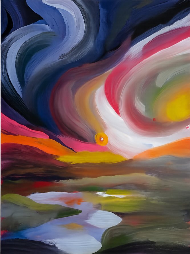 Abstract Christian painting inspired by Genesis 1, featuring swirling clouds, light, and reflective waters representing creation in the beginning.
