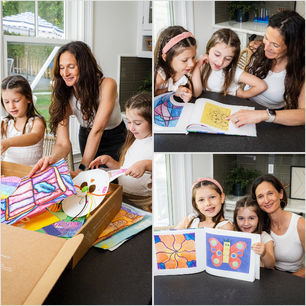 Mom and two daughters packing children's artwork into an Artkive Box, and later receiving their finished kids' art memory book