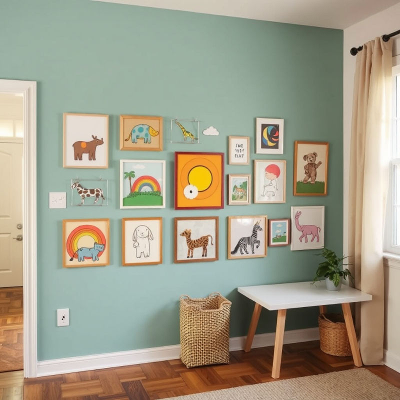 a rotating gallery wall with easy-to-remove frames that allow for kids artwork to be rotated seasonally.