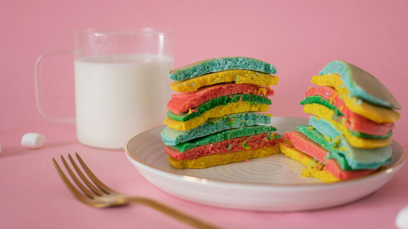 Even making a colorful stack of pancakes is an easy way to introduce your young ones to seeing food as art. Food and rainbow art rolled into one!