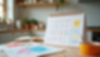 Close-up of a custom calendar with kids’ drawings displayed on a kitchen counter. A fun and meaningful gift for grandparents.