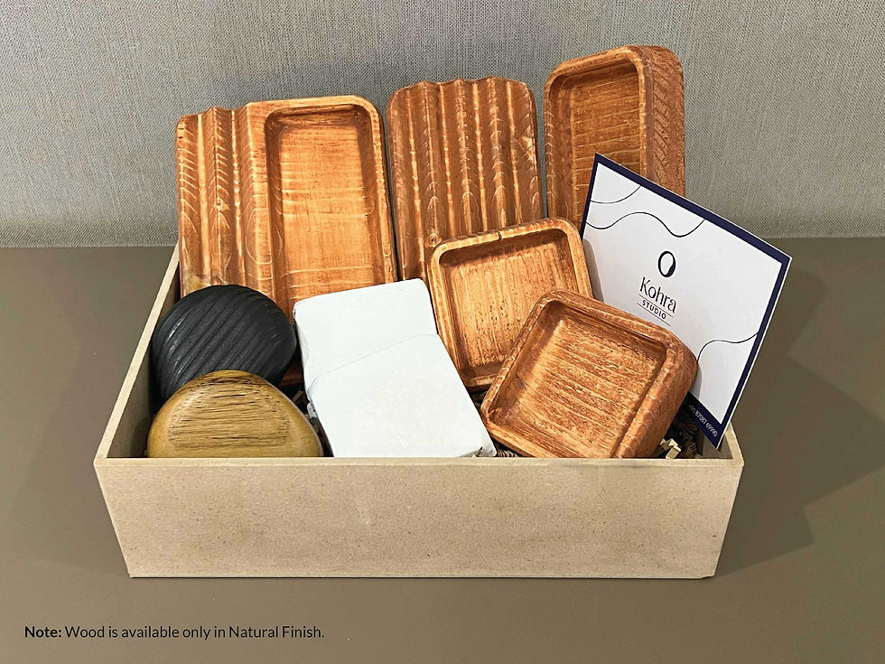 Curated Kohra Studio set featuring the Khaara desk accessory, Tofu coaster, and elegant wooden measuring tape.