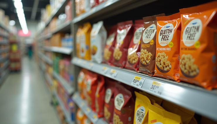 Eye-level view of gluten-free packaged snacks on a store shelf