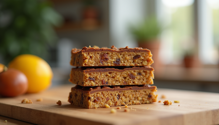 Close-up of low-sugar protein bars stacked on a wooden table