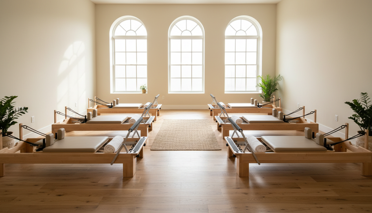 Wide-angle view of a calm Reformer Pilates studio with neatly arranged reformer beds.