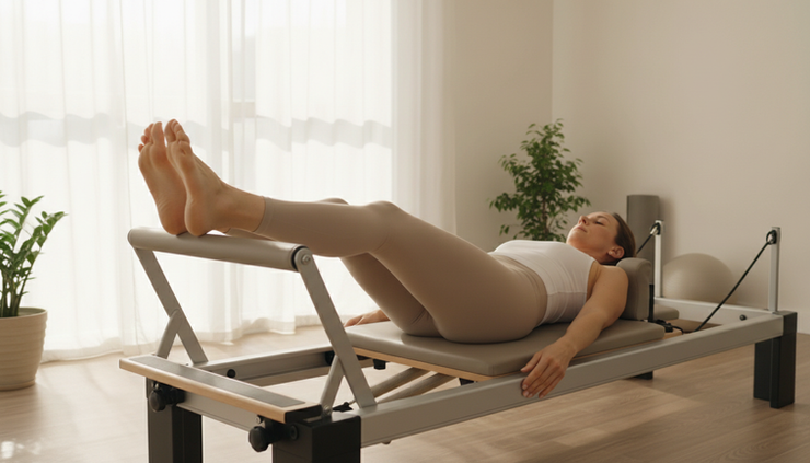 Wide-angle view of a person lying on a reformer with both feet placed on the footbar.