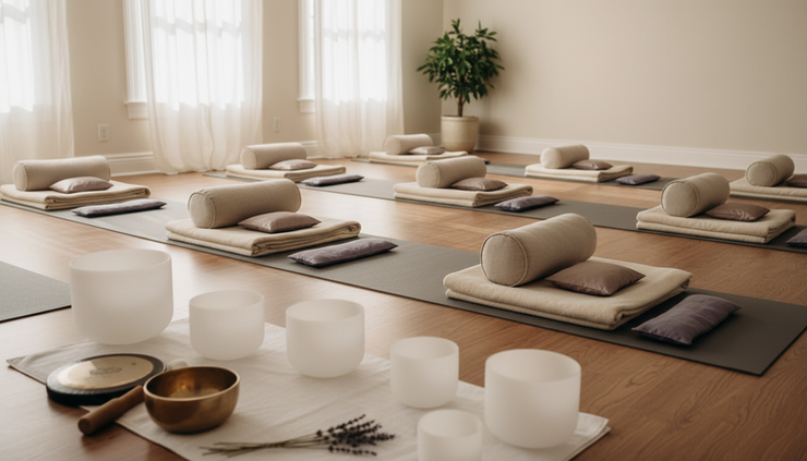 Eye-level view of crystal singing bowls and soft blankets prepared for a sound bath session.