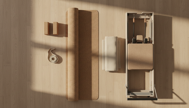 Overhead view of a yoga mat with blocks, a strap and a folded blanket beside a reformer machine.
