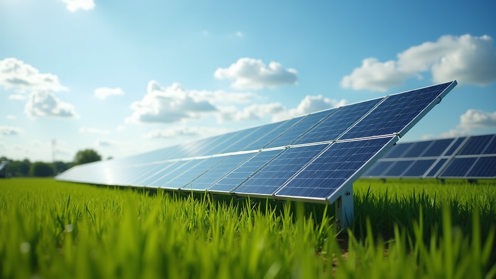 Eye-level view of a solar panel installation on a green field