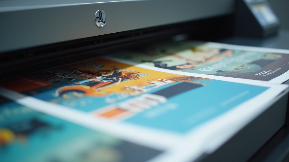 Close-up view of a digital printer producing colorful flyers