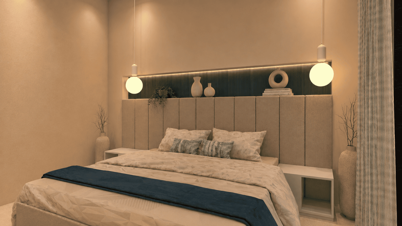 Contemporary bedroom featuring a tall upholstered headboard, floating bedside tables, pendant lights, an illuminated display niche, and a sophisticated neutral palette with subtle blue accents.