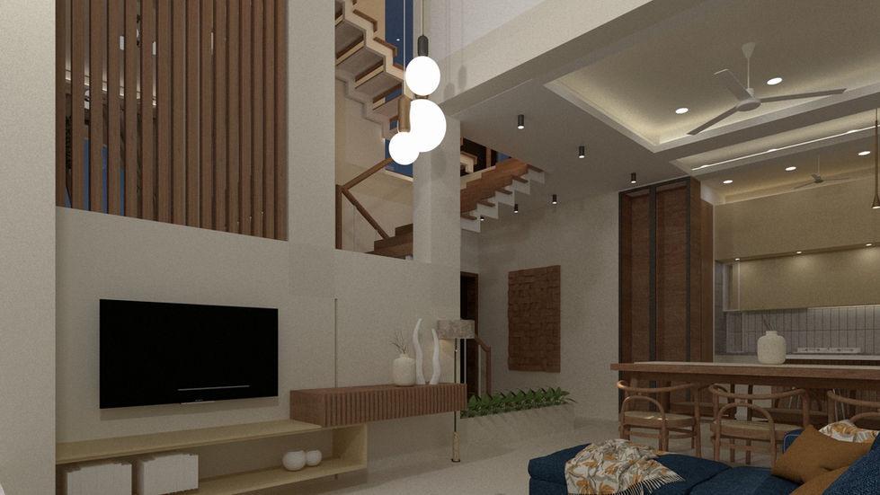 "Double-height living room interior of Parijat Cottage in Dehradun featuring a floating staircase, warm wood finishes, pendant lighting, indoor planters, and contemporary open-plan design."