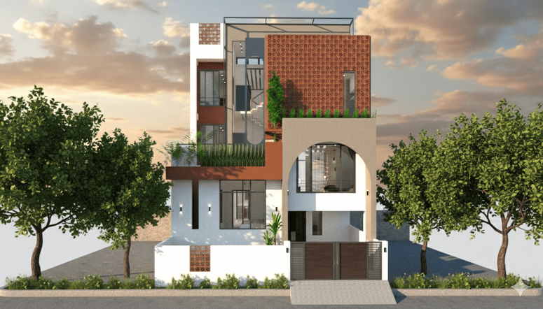 Front facade of Parijat Cottage featuring terracotta jali screens, arched openings, layered terraces, landscaped planters, and contemporary residential architecture illuminated by soft evening light.