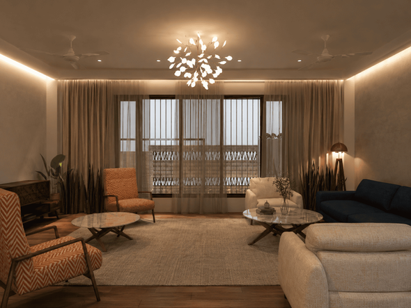 Contemporary ground floor living room with lounge seating, marble coffee tables, warm lighting, wooden flooring, and large windows overlooking an outdoor garden.