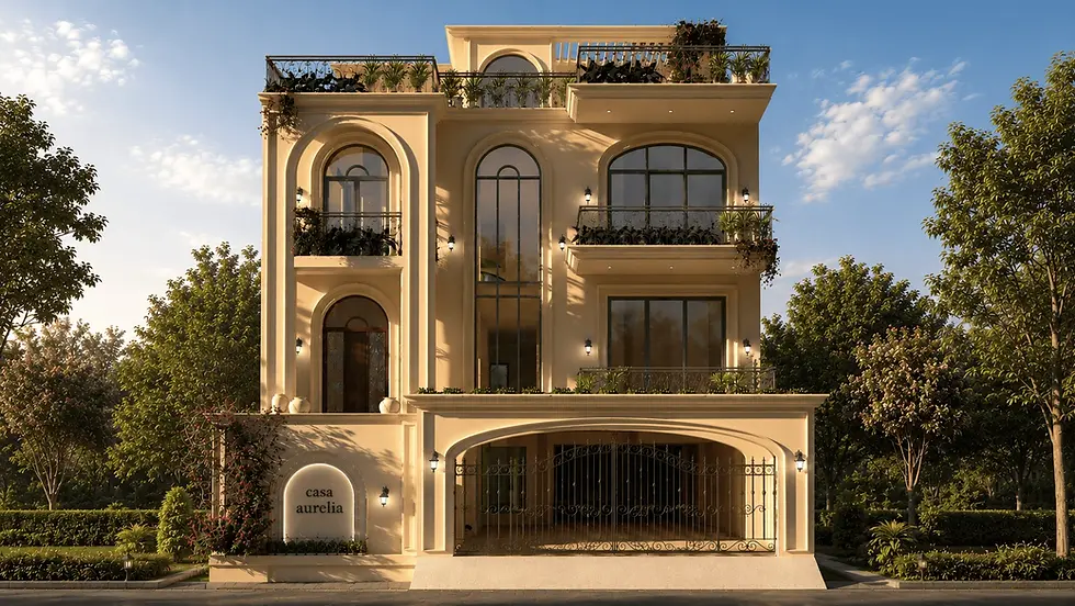 Perspective view of Casa Aurelia showcasing Mediterranean-inspired architecture with layered balconies, arched openings, wrought-iron railings, landscaped terraces, and cream-toned stucco facades in morning daylight.