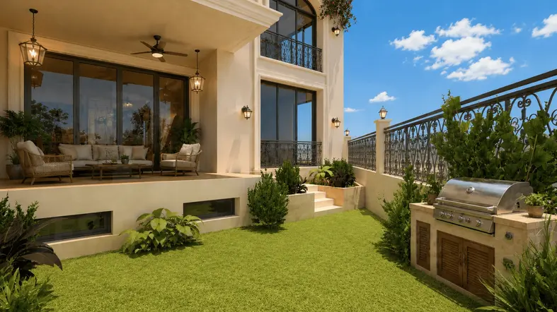 Landscaped backyard garden of Casa Aurelia featuring a covered verandah, ornamental planting, manicured lawn, decorative railings, garden steps, and Mediterranean-inspired residential architecture.