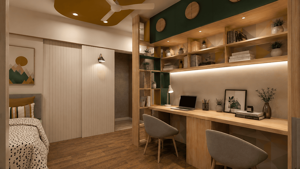 Custom kids' bedroom featuring a built-in study desk for two, overhead storage cabinets, open shelving, warm wood finishes, forest-green accents, a mountain-themed feature wall, concealed bathroom door, and integrated sleeping nook designed for growing children.
