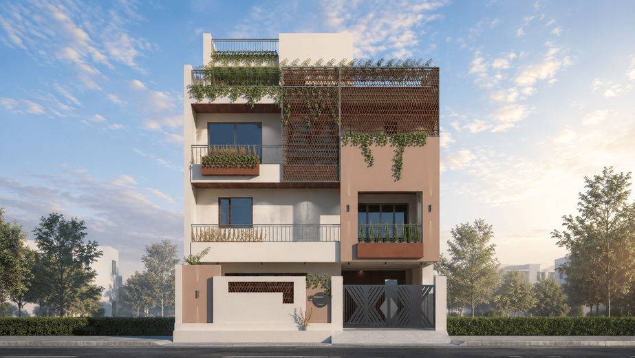 Front elevation of Ruchikalpam, a contemporary multi-storey residence featuring cascading planters, a decorative perforated facade screen, landscaped balconies, modern geometric forms, and a soft neutral color palette under a bright sky.