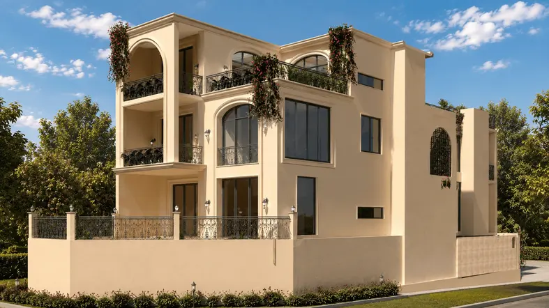 South-east corner perspective of Casa Aurelia featuring Mediterranean-inspired architecture, arched windows, wrought-iron balconies, landscaped terraces, and cream-toned stucco walls in natural daylight.