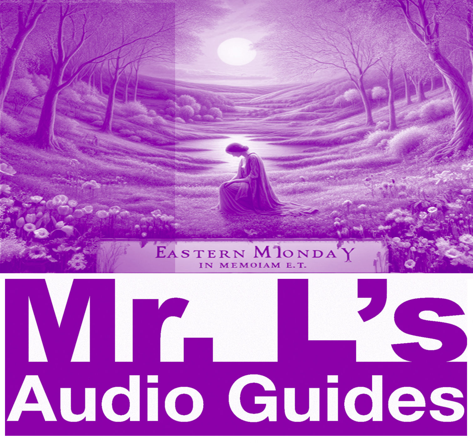 Woman kneeling in a small valley. Mr L's Audio Guide.