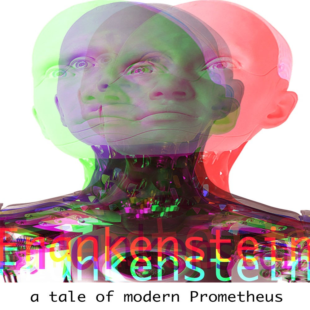 Blurred green, red and black image of a bald man. Frankenstein.