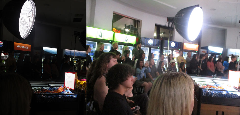 Above: Attendees for Āhua’s Out of Service show patiently wait, seated inside Karangahape local, the In N’ Out Supermarket.