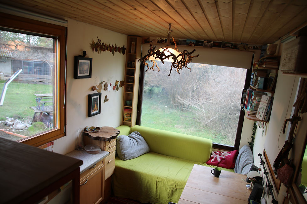Ninas Tiny House von innen: Man sieht ein Sofa, zwei große Fenster, ein Regal und einen Tisch.