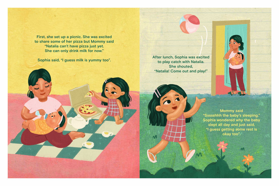 little girl wanting to play with her new baby sister