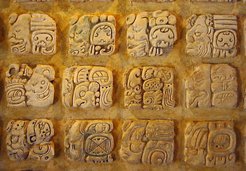 Stone wall with intricate, tan-colored Maya glyphs organized in rows, conveying an ancient and historical mood.