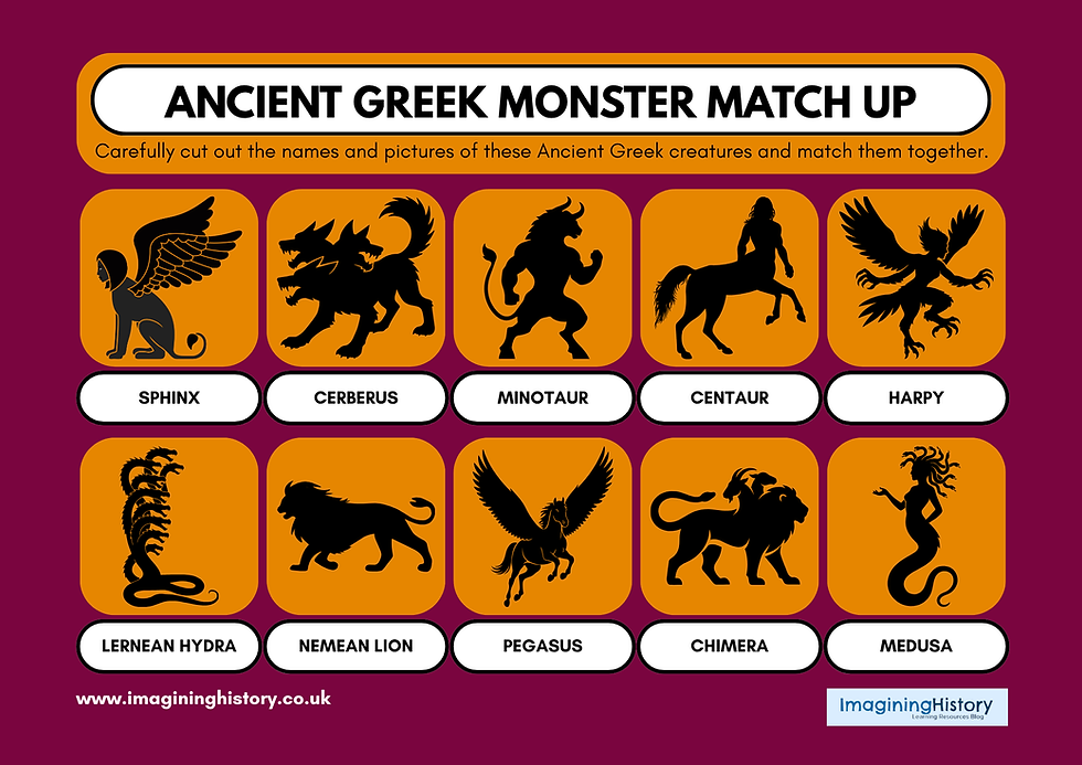 Ancient Greek Monster Match Up poster with black creature silhouettes on orange cards: Sphinx, Cerberus, Minotaur, Centaur, Harpy, more.