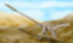 A feathered dinosaur with a long tail runs across a sandy, desert landscape under a blue sky, suggesting a prehistoric setting.