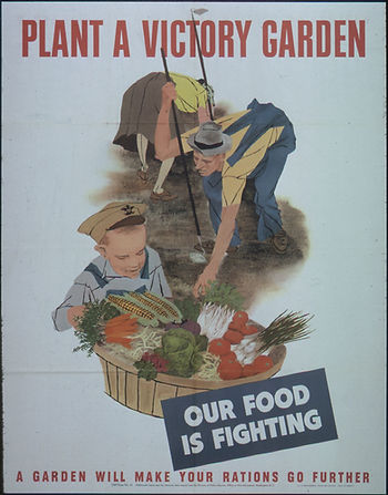 People gardening under "Plant a Victory Garden" text. A basket of vegetables labeled "Our Food is Fighting." Patriotic theme, WWII era.
