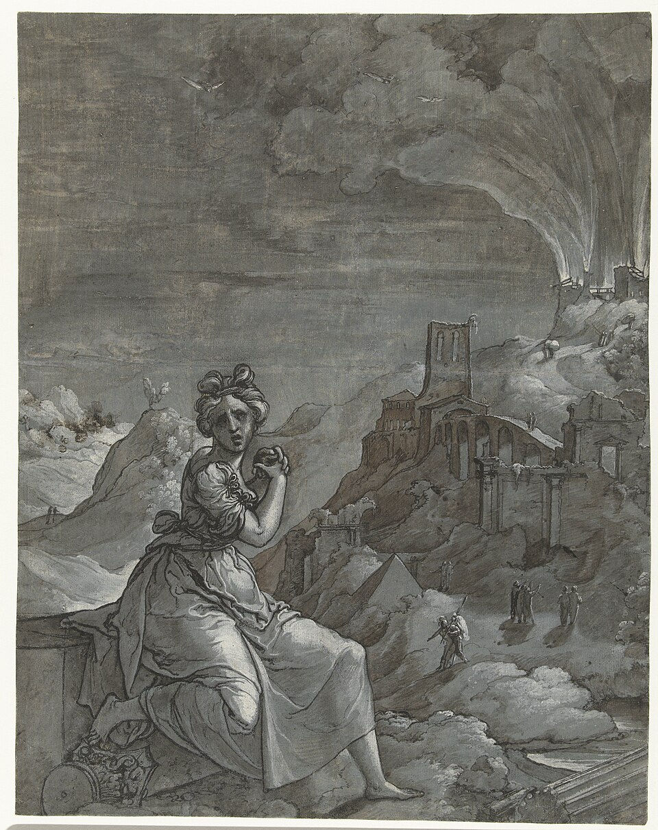 Seated woman in classical dress overlooks ruined buildings under a smoky, stormy sky with tiny figures in the distance.