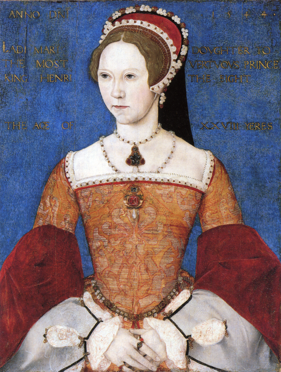 Queen Mary I in ornate Tudor attire, with a red headdress and gown, stands against a blue backdrop. Gold text surrounds her, detailing lineage.