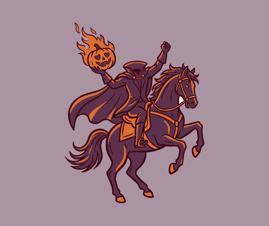 Stylized headless horseman on a rearing horse holds a flaming jack-o'-lantern against a muted purple background.