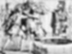 Ancient soldiers in armour, one pushing another into a well, surrounded by columns. Tense atmousphere, black and white illustration.