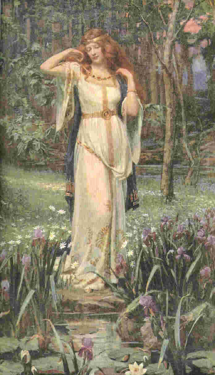 Freyja , Viking goddess, in a flowing gown stands near a pond, surrounded by flowers and trees, in a serene forest setting. She appears contemplative.