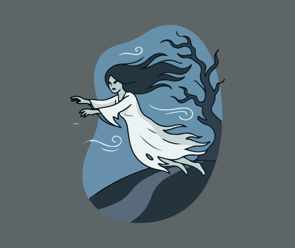 Ghostly woman in a white dress floats through wind on a blue shape, with flowing black hair against a gray background.