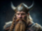 Thor, a bearded man in a horned helmet and fur cloak, looking intense. Dark, moody background. Viking warrior style. No text visible.