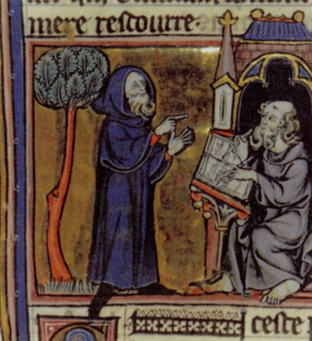 Medieval illustration of a hooded figure gesturing at a seated scribe. Background shows a tree and a small building. Text borders image.