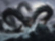 Sea monster with multiple heads and sharp teeth emerges from turbulent waves. A lone figure stands on a rock, creating a dramatic scene.