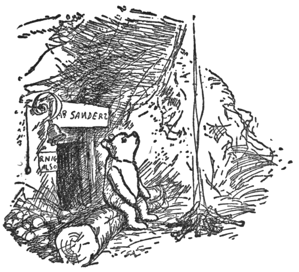 A bear sits on a log in front of a rustic door with a sign reading "Sanders." The scene is sketched with crosshatch patterns, evoking curiosity.
