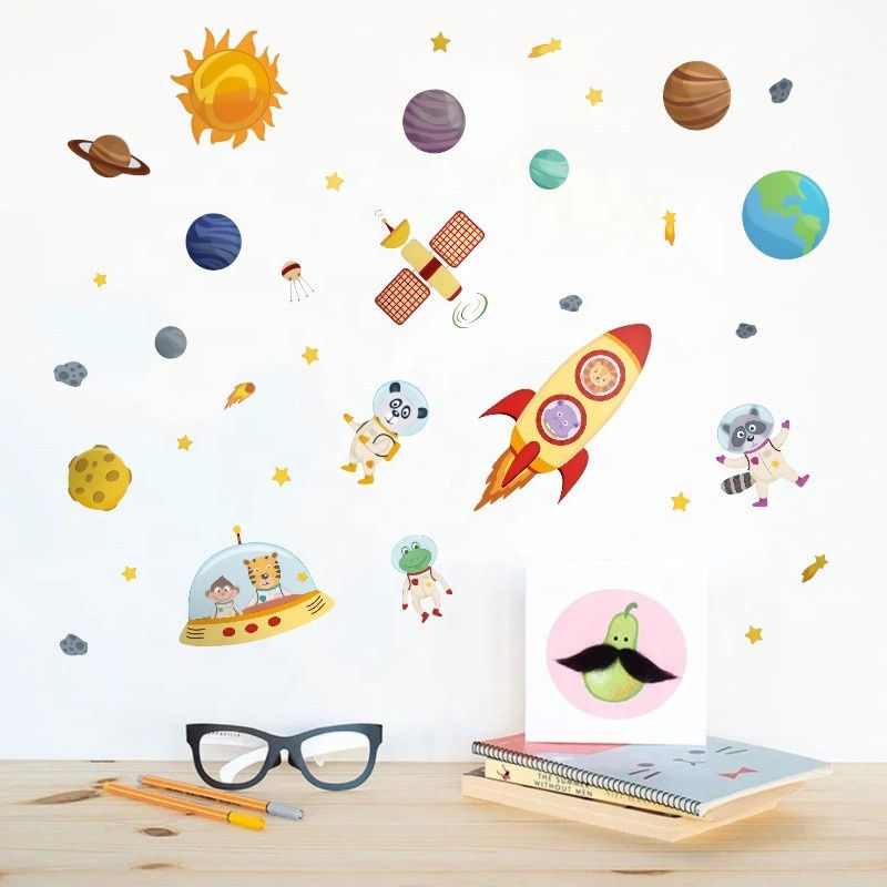 Thumbnail: Rocket Space Solar System Wall Stickers for Kids  Peel and Stick Wall Decal