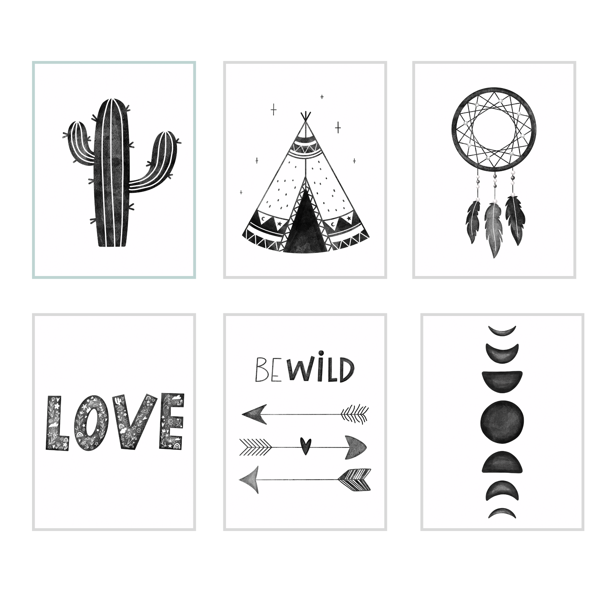 Monochrome Children's Scandinavian Nursery Decoration Set of 6 Prints