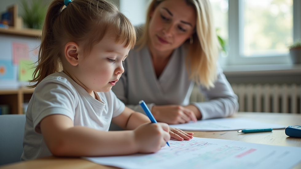 Close-up view of a child and therapist working together on a behavior chart