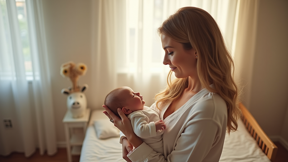 High angle view of a mother holding her newborn baby in a sunlit nursery