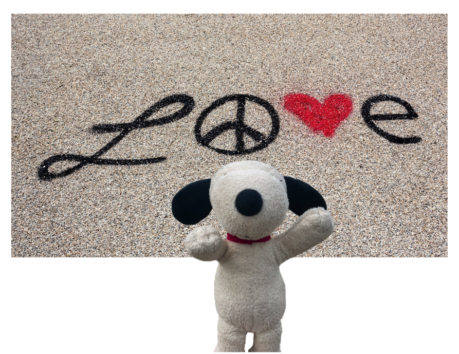 stuffed dog with with word Love behind it.
